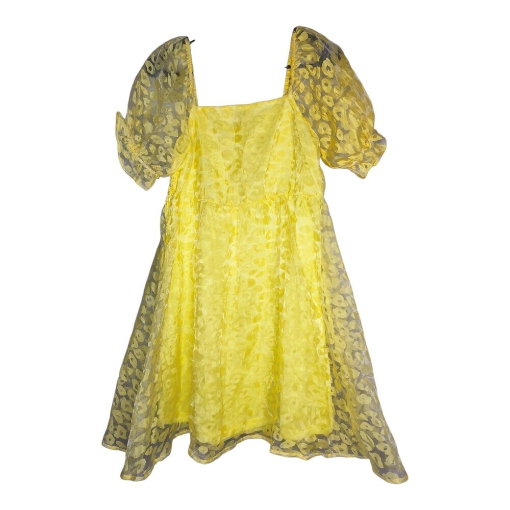 Jodifl Yellow Leopard Print Babydoll Mini Dress Mesh Overlay Women's Size Small